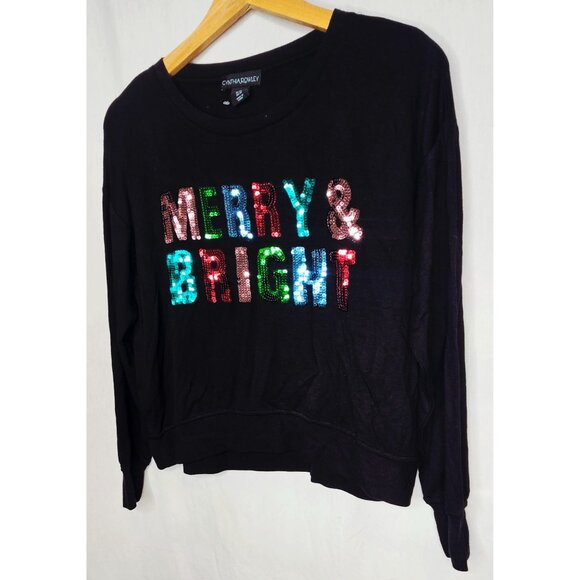 Cynthia Rowley Womens Black Long Sleeve Top With Colorful Sequin "Merry & Bright - Picture 2 of 7